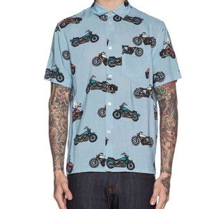 Marc By Marc Jacobs Shirt Mens XL Blue Motorcycle Print Button Down Rayon Retro
